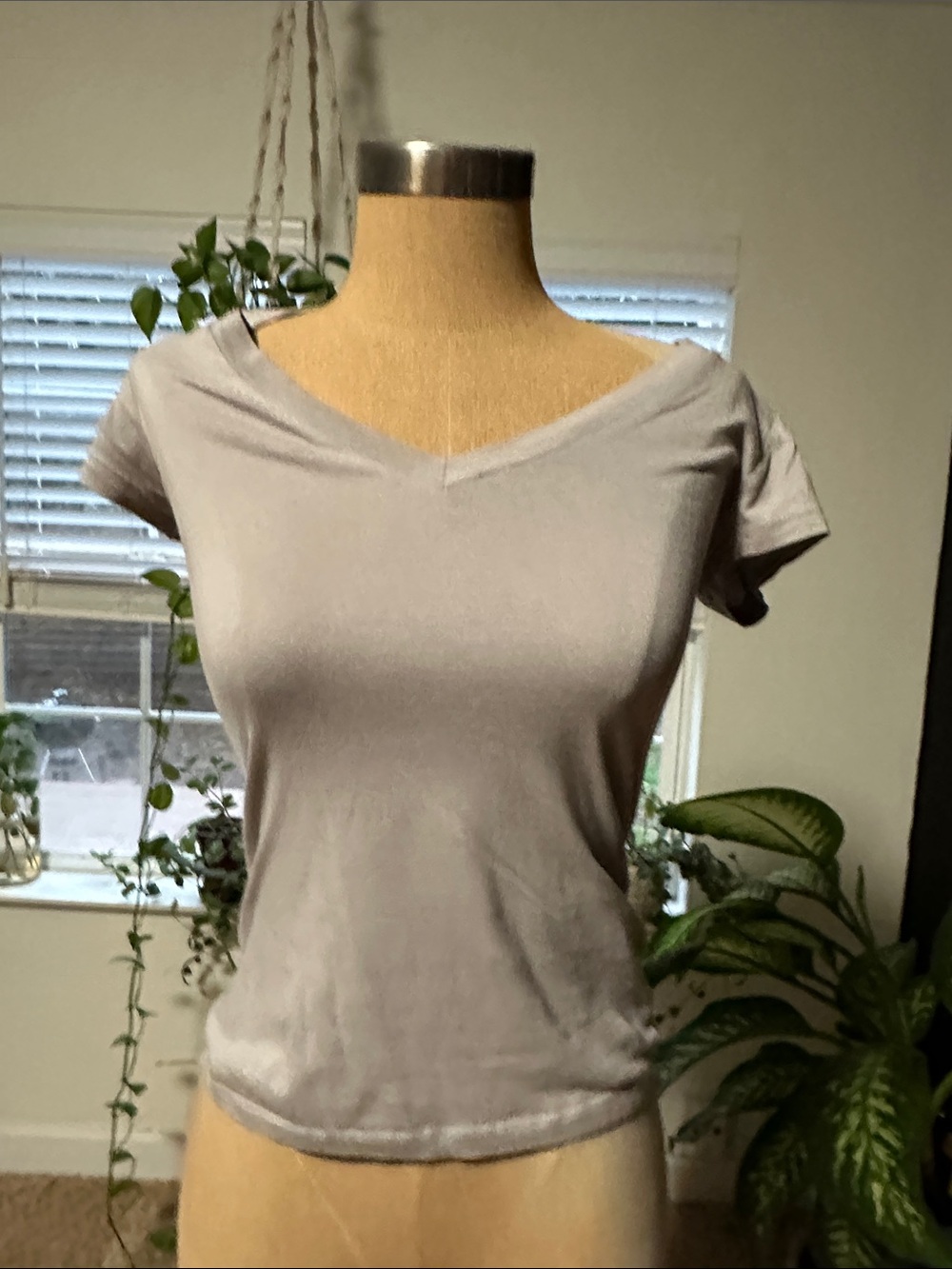 Women's Light Gray V-Neck Short Sleeve Top